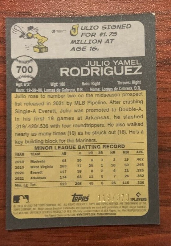 2022 Topps Heritage High Number 700 Julio Rodriguez Silver Chrome Refractor /373 - Image 2 of 2