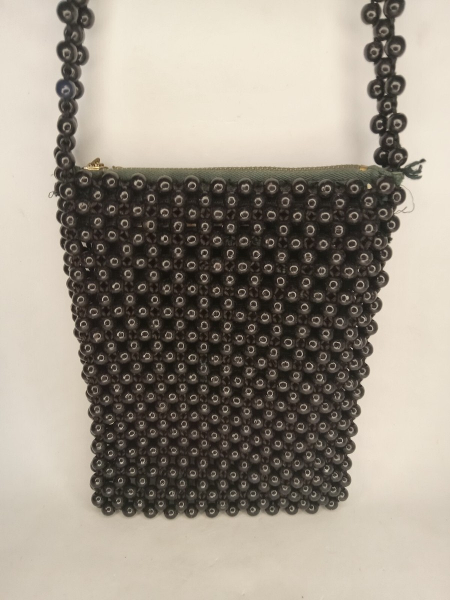 Vintage Black Beaded Purse 60s 70s Ohbach's Inc. Handbag Plastic