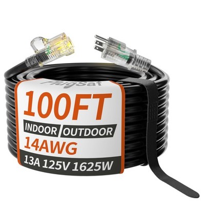 14/3 Gauge Black Outdoor Extension Cord 100 ft Waterproof with Lighted Indica...