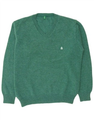 Benetton Herren V-Neck Pullover Sweater Large Grün Wolle DT16