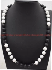 New Natural Handmade 8/10mm White Turquoise Lava Round Gems Necklace 16-36in