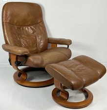 Ekornes Stressless Large CONSUL Caramel Leather Swivel Recliner Chair & Ottoman