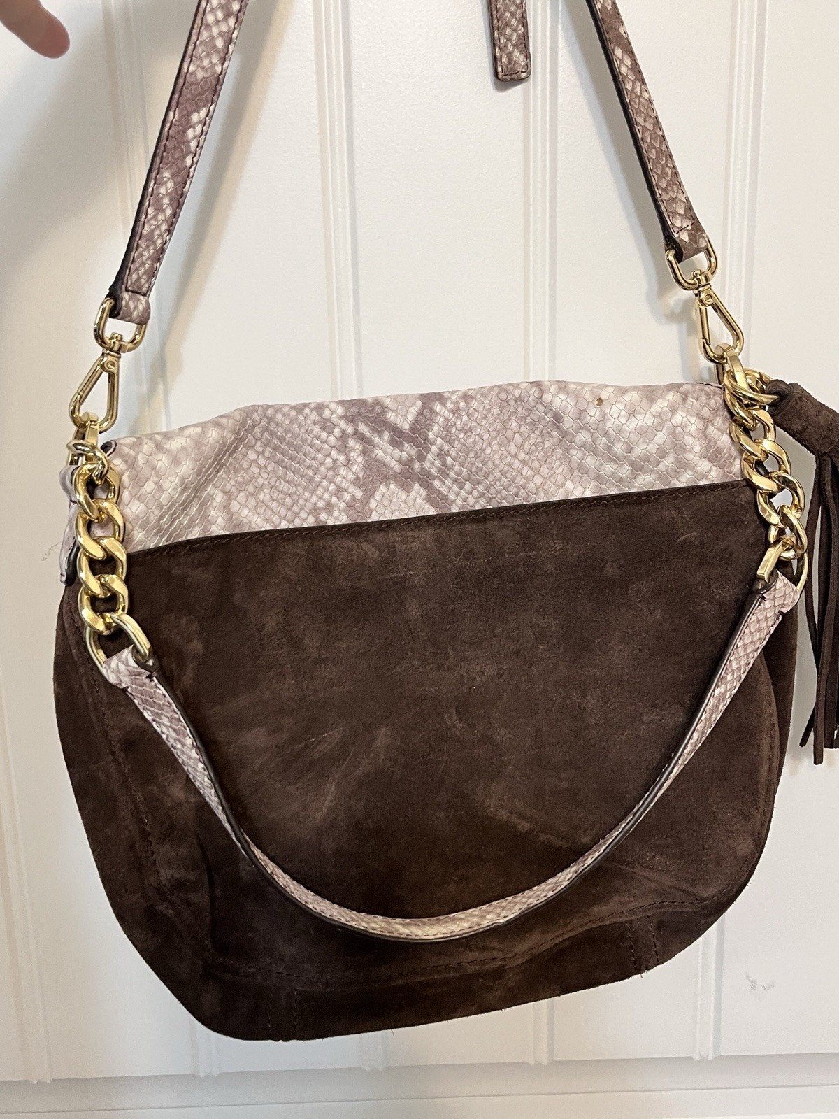 MICHAEL KORS Bedford Embossed Python Brown Suede … - image 3