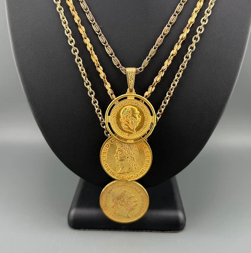 Vintage Miriam Haskell Roman Coin Necklace 3 Strand Reversible Gold Tone Signed