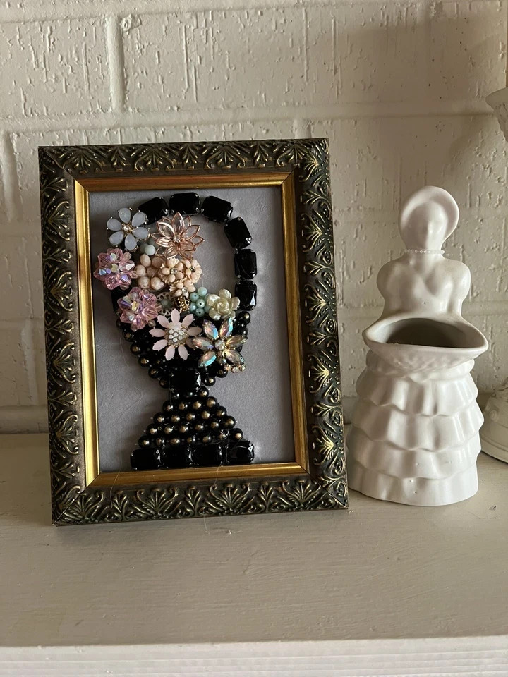 Vintage Contemporary jewelry art framed OOAK handmade shabby chic cottagecore