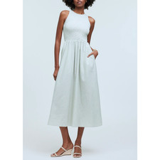 Madewell The Melody Smocked Midi Dress Green Striped Sleeveless Pockets XXS NWT