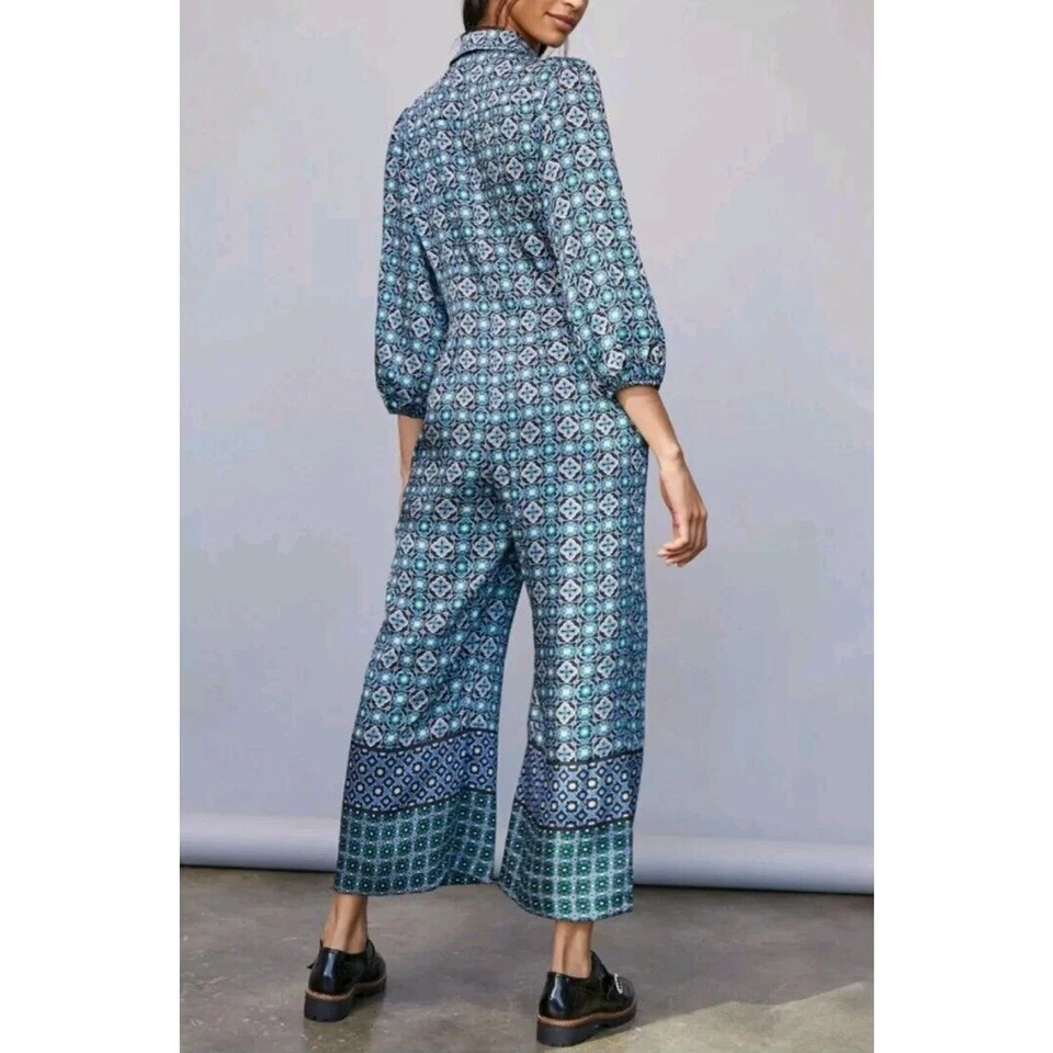 Anthropologie Morgan Geometric Print Waistless Jumpsuit Blue Green Size XS - Image 2 of 4