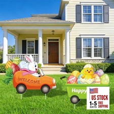 Easter Decorations Outdoor, 2 Pieces Easter Yard Signs with Stakes, Cute Bunny