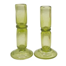 VTG Hand Blown Green Mexican Glass Candlestick Holders Pair Pontil Marks 6.5"