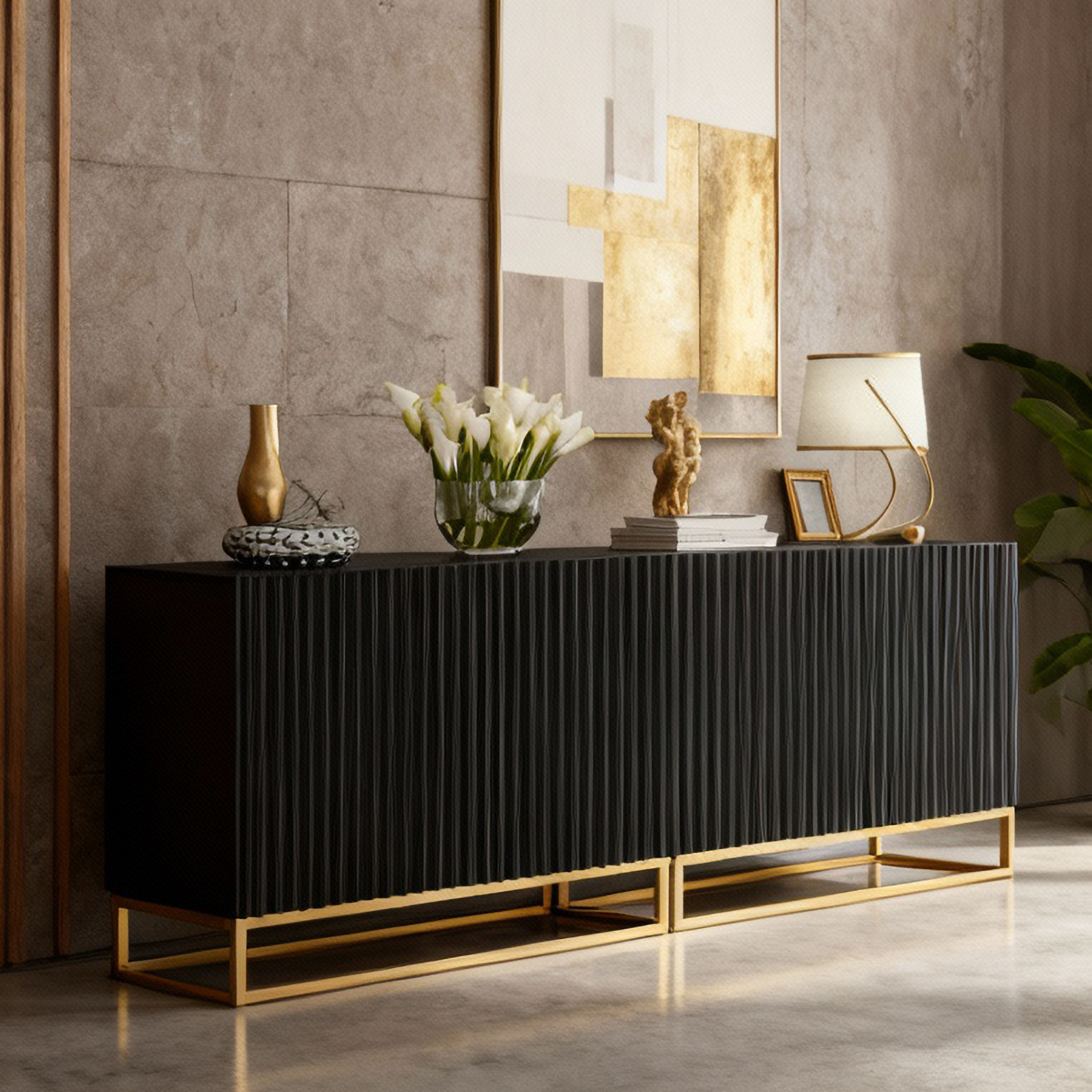 TV Unit TV Stand Sideboard Cabinet Black Reeded Gold Modern Storage 200cm