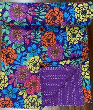 Colorful Floral Kantha Quilt Cotton Block Print Boho Bedspread Throw Blanket