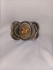 Vtg Western Rodeo Cowboy Belt Buckle Gold Tone Horse Bronco Scalloped Two Tone