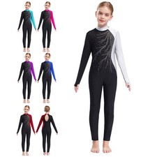 Kid Girl Bodysuit Full Length Jumpsuit Youth Dancewear Competition Tracksuit