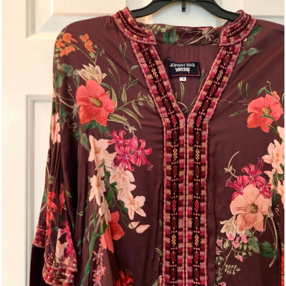 Blusa boho Johnny Was Workshop para mujer de terciopelo floral borgoña manga 3/4 talla S Foto 3 de 4