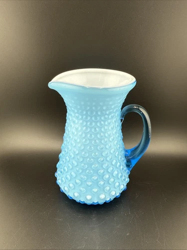 Fenton Opaque Blue Cased Milk glass Overlay Hobnail Small Pitcher/lrg Creamer
