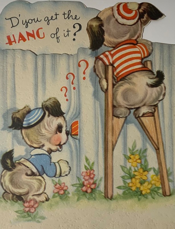 Vintage Birthday Card Anthropomorphic Dogs D’you Get The Hang Of It? Clothesline