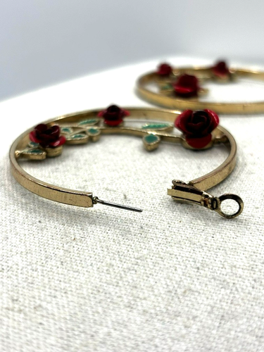 Carved Metal Red Rose Flower Vine Gold Tone 2 Inch Hoop Earrings - Picture 8 of 24