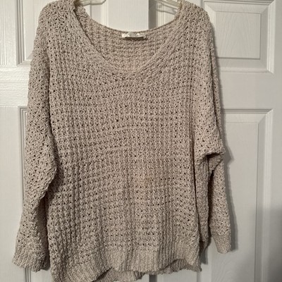 American  Threads Light Taupe Open- Knit V-neck Sweater
