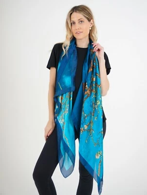 100% Silk Scarf in Turquoise Floral Print - Van Gogh Almond Blossom