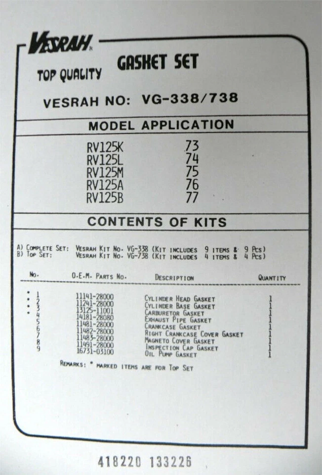 Pochette Complète de joints pour Suzuki RV 125 Van Van 73-77 - Image 2 of 4