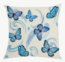 BUTTERFLY GARDEN Blue Pastel Botanical Throw Pillow Cover Holiday HOME Decor 18”