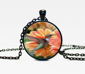 Necklace Hummingbird Photo Tibet Silver Cabochon Glass Pendant Chain Necklace