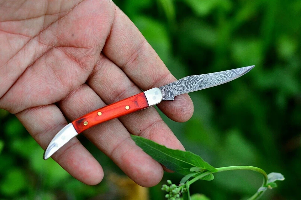 Navaja de bolsillo plegable hecha a mano de acero Damasco Texas palillo de dientes con funda Foto 2 de 4