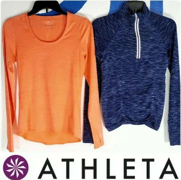 2 ATHLETA LONG SLEEVE TOP WOMEN'S SIZE XS ORANGE SHADOW STRIPE / BLUE FAST TRACK