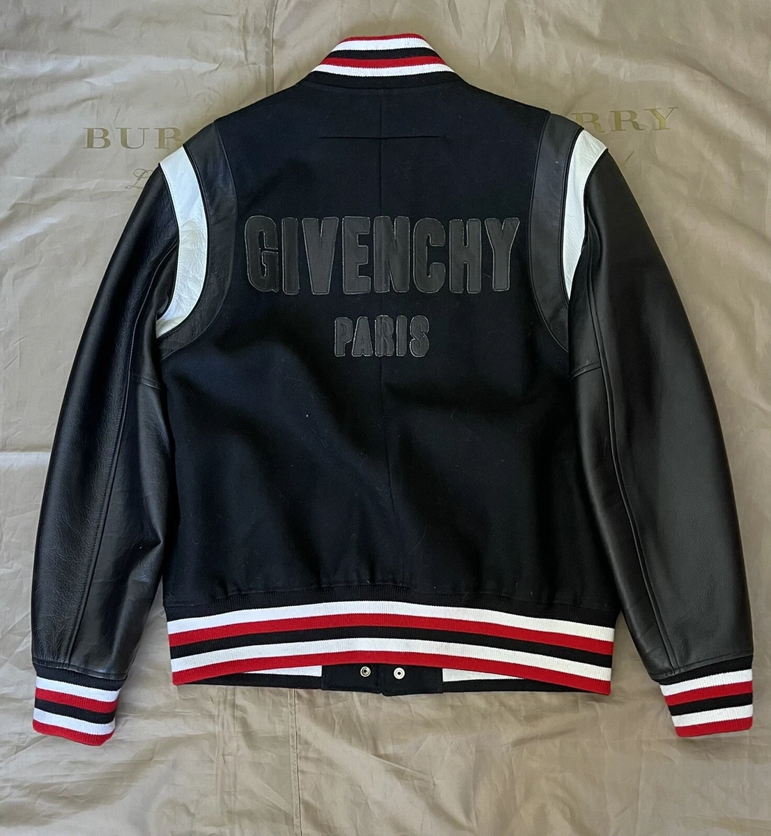 GIVENCHY Striped Bomber Jacket with Leather Sleeves, Black Size 52 $4200