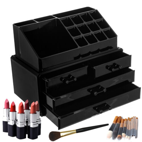 GLAMSMACKED 4 DRAWER ACRYLIC MAKE UP COSMETIC JEWELLERY STORAGE ORGANISER BLACK - Picture 1 of 12