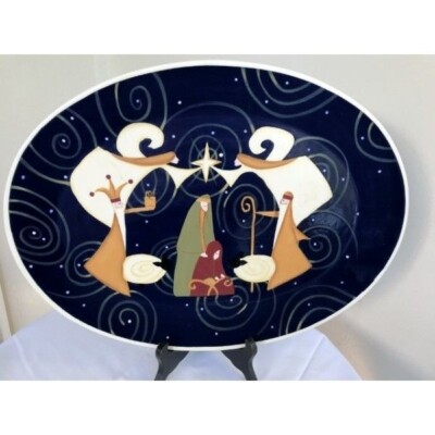 Demdaco Winter Carols Away in a Manager 2005 Hand Painted Oval Platter 16.5''