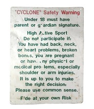 Cyclone Amusement Park Ride Safety Warning Rules Porcelain Metal Sign 24 x 18"
