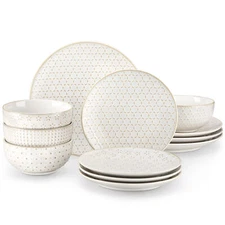 MALACASA 12-Piece Ivory White Stoneware Dinnerware Set Embossed Bowl & Plate Set