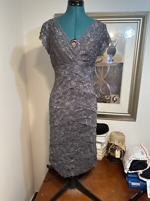 Marina Women's Silver Floral Lined Stretch Cap-Sleeve Lace Dress Size 6 |  eBay