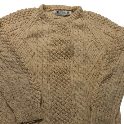 VTG Bunratty Handknits Irish 100% Wool Aran Sweater Cream Cable Knit Womens L