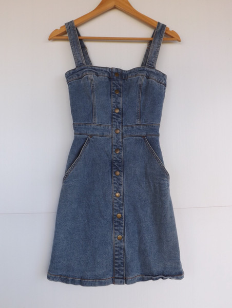 Kookai Dress 34 Womens Blue Mini Stretch Denim Faux Button Straps Lined