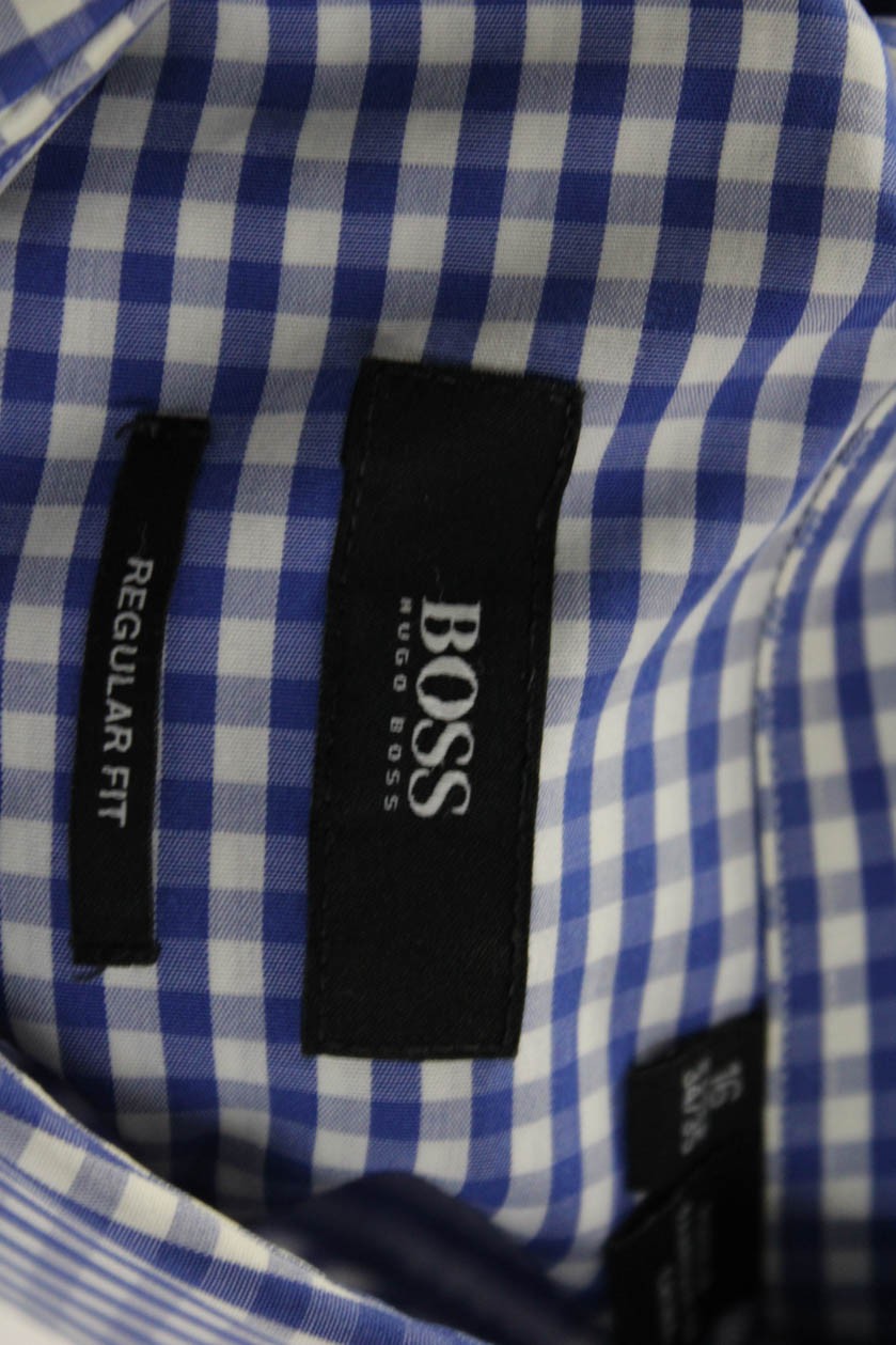 Boss Hugo Boss Mens Blue Check Button-Down Dress Shirt 100% Cotton Size 16 thumbnail 4