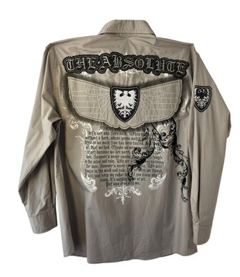 Russo Spirit Shirt Men 3XL Gothic Crest Wing Graphic Btn Up Y2K Affliction Style