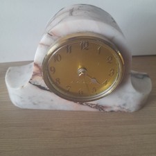 Vintage Marble Clock Art Deco Stone Alabaster Small Mantle White Pink Marble