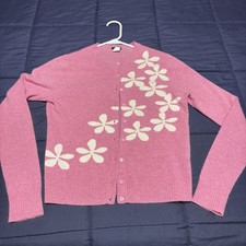 J Crew cardigan women M pink w/flowers romantic Barbie core wool cashmere blend