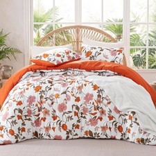 Floral Comforter Set, 3 Pieces Lightweight Reversible Soft Queen Orange