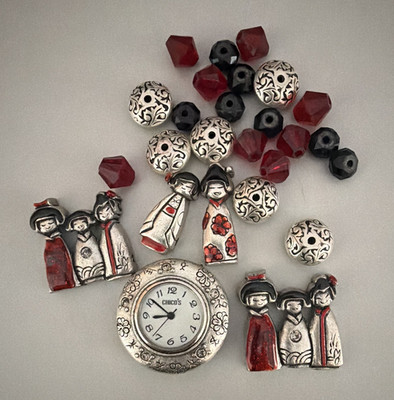 Chico's Watch Face Japan Movement, Assorted Loose Beads & Charms Lot Red/Black
