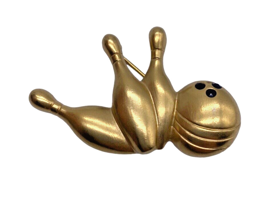 Bowling Ball & Pins Brooch Brass Gold Metal Costume Jewelry 