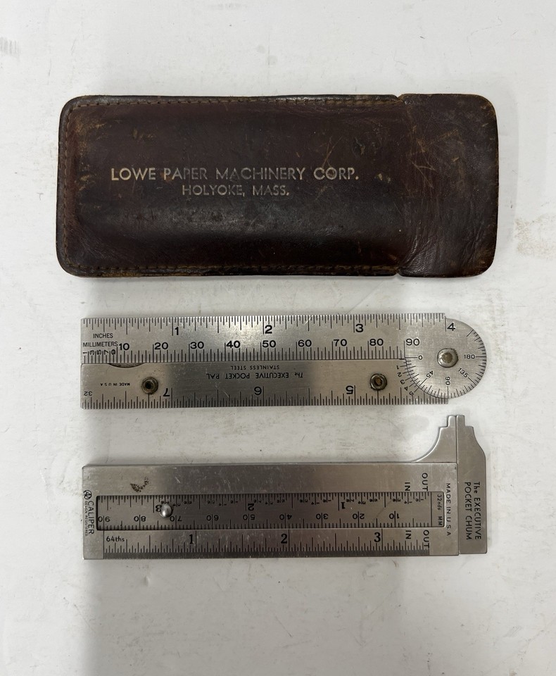 A leather-cased vintage drafting and measuring tool set from Lowe Paper Machinery Corp — impossibly niche, visually stunning, and the ultimate desk conversation piece.