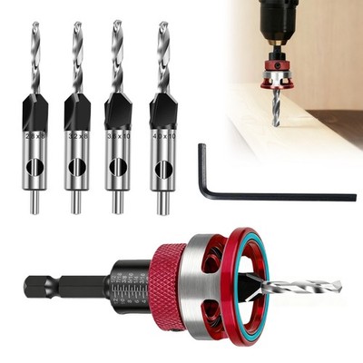 4x Wood Countersink Drill Bit Set Tapered M2 HSS Pilot Bits w/ Depth Stop Wrench