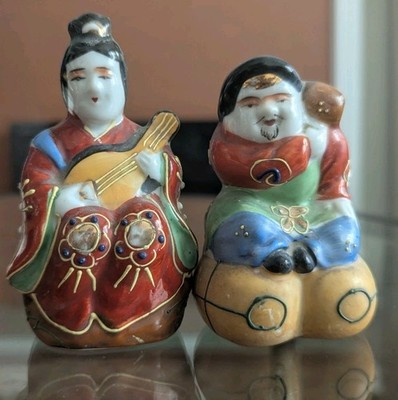 Vintage Japanese Kutani Lucky God Moriage Porcelain Figurine Set Japan Art