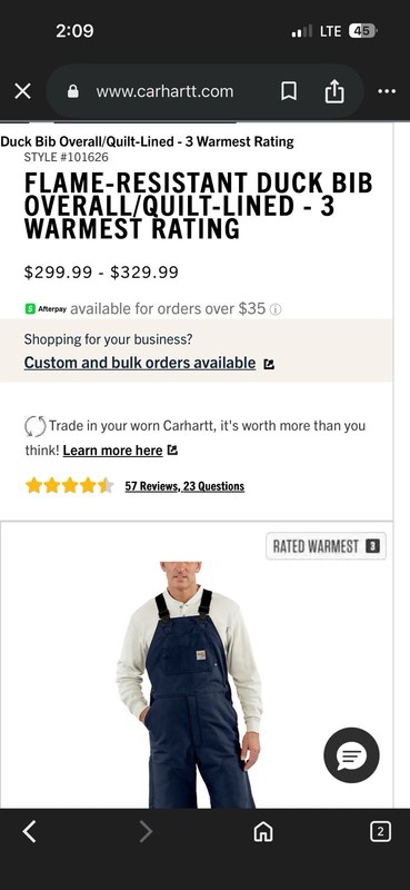 Carhartt FR Quilted Bib Overall-48x32, Black NIB!