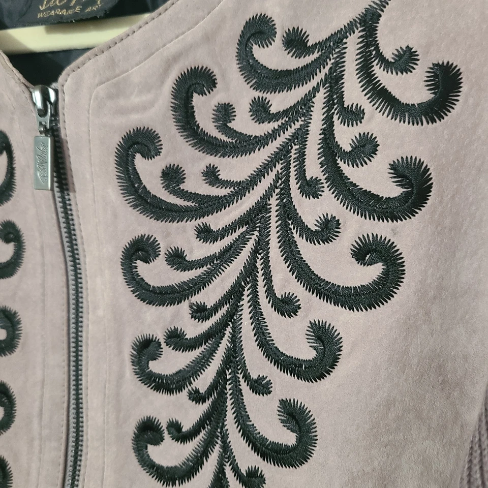  1X Bob Mackie Suéter Manga Chaqueta Gris Beige Gamuza Cuero Bordado Cremallera Foto 2 de 4