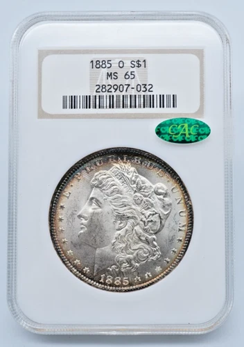 1885-O Morgan Silver Dollar NGC CAC MS 65 Rainbow Toning Old Holder - U1088