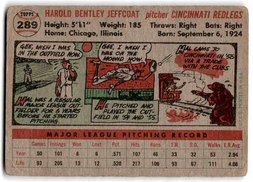 1956 Topps Hal Jeffcoat Reds #289 - Picture 2 of 2